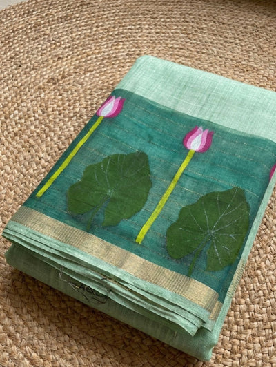 Indiehaat | Handloom Silk Linen Jamdani Saree Green