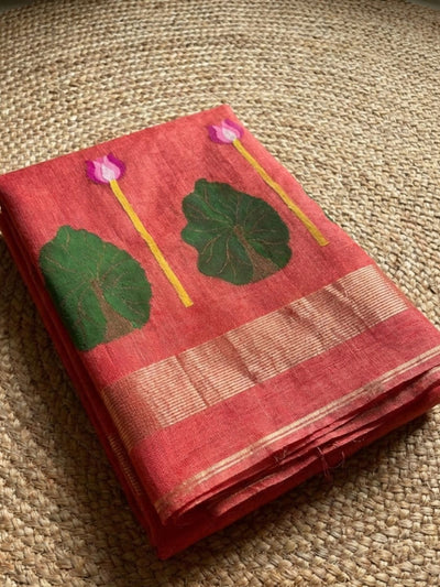 Indiehaat | Handloom Silk Linen Jamdani Saree Red