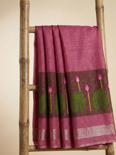 Indiehaat | Handloom Silk Linen Jamdani Saree Pink