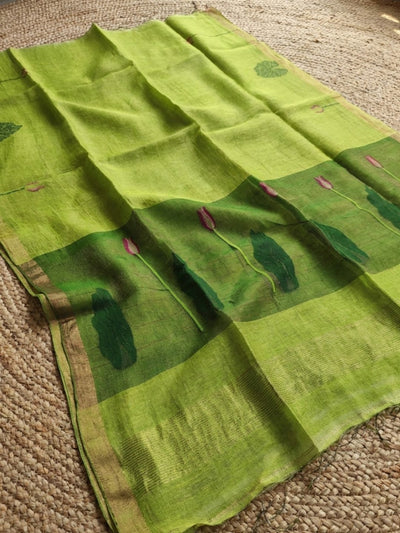 Indiehaat | Handloom Silk Linen Jamdani Saree Green