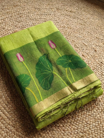 Indiehaat | Handloom Silk Linen Jamdani Saree Green