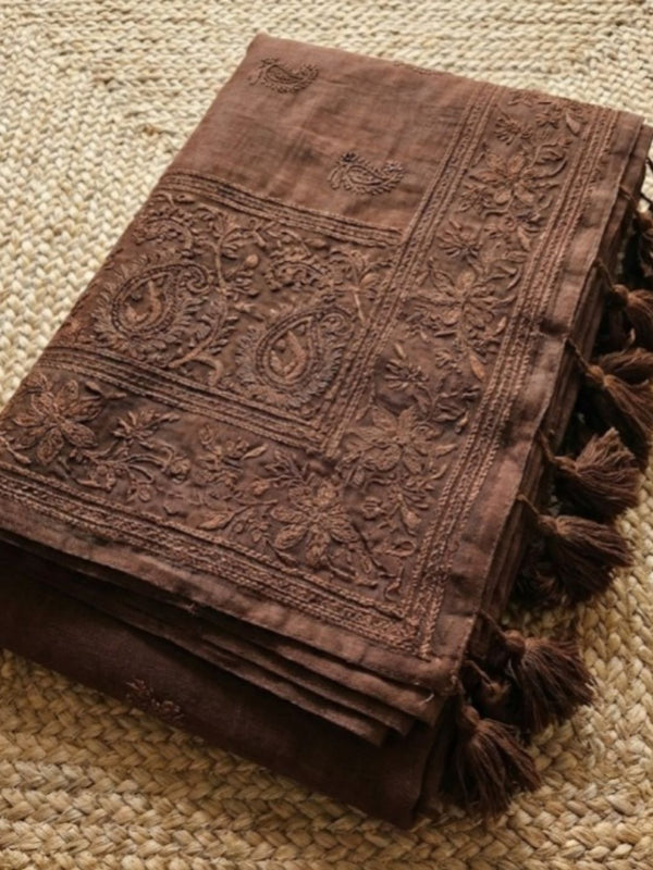 Indiehaat | Pure Mul Cotton Chikankari Saree Brown
