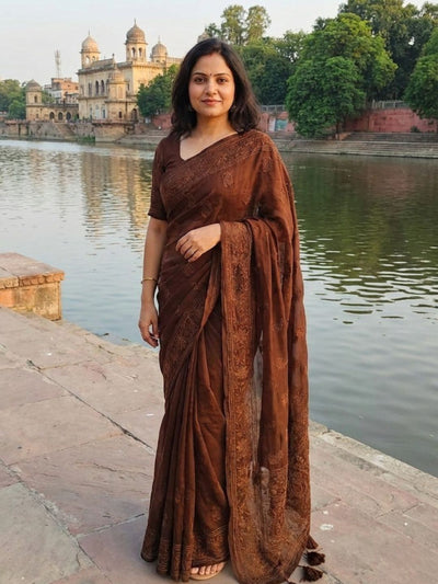 Indiehaat | Pure Mul Cotton Chikankari Saree Brown