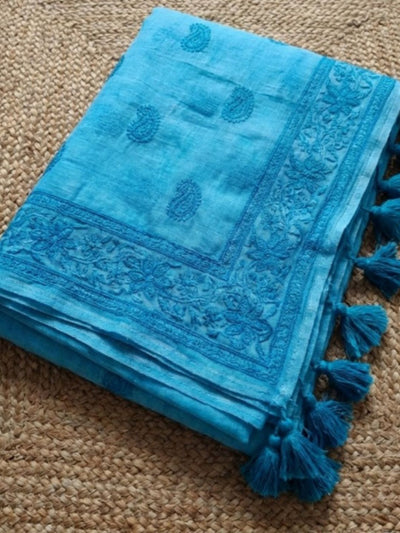 Indiehaat | Pure Mul Cotton Chikankari Saree Blue