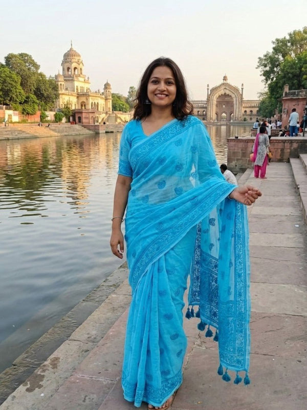 Indiehaat | Pure Mul Cotton Chikankari Saree Blue