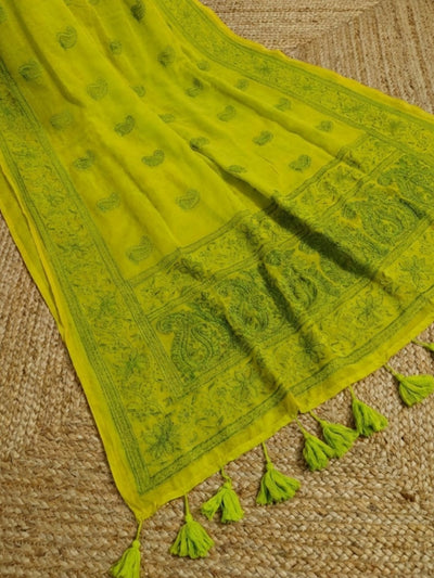 Hawa Hawai Chikankari Pure Mul Cotton Saree Lime Green