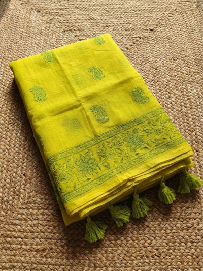 Indiehaat | Pure Mul Cotton Chikankari Saree Green