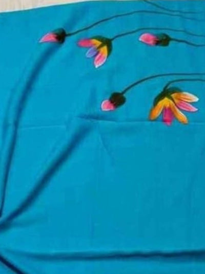 Indiehaat | Pure Mul Cotton Hand Printed Saree Blue