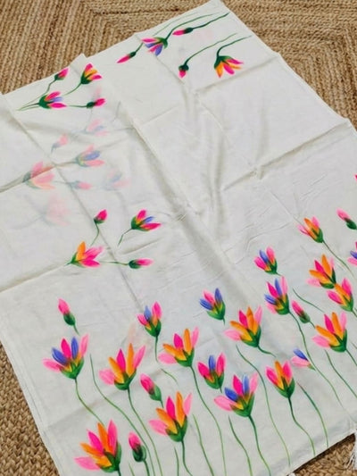 Indiehaat | Pure Mul Cotton Hand Printed Saree White