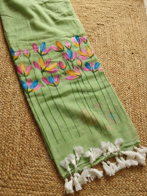 Indiehaat | Pure Mul Cotton Hand Printed Saree Green