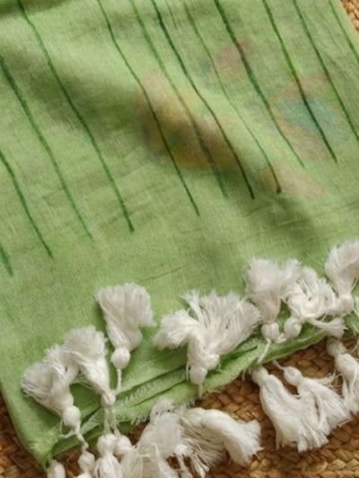 Indiehaat | Pure Mul Cotton Hand Printed Saree Green