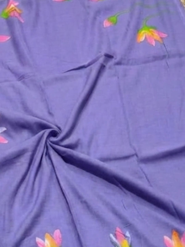 Indiehaat | Pure Mul Cotton Hand Printed Saree Purple