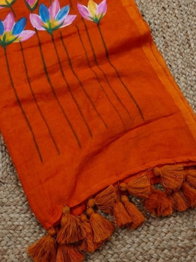 Indiehaat | Pure Mul Cotton Hand Printed Saree Orange