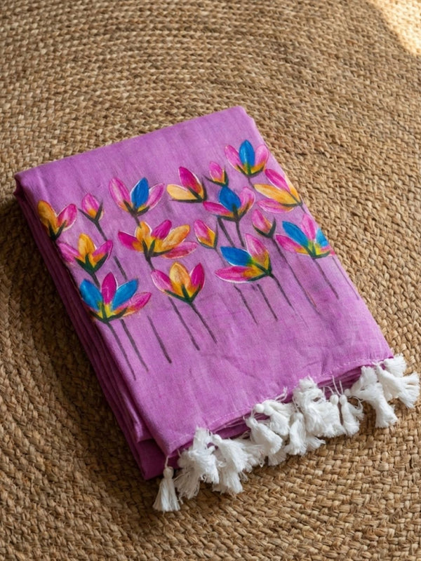 Indiehaat | Pure Mul Cotton Hand Printed Saree Purple