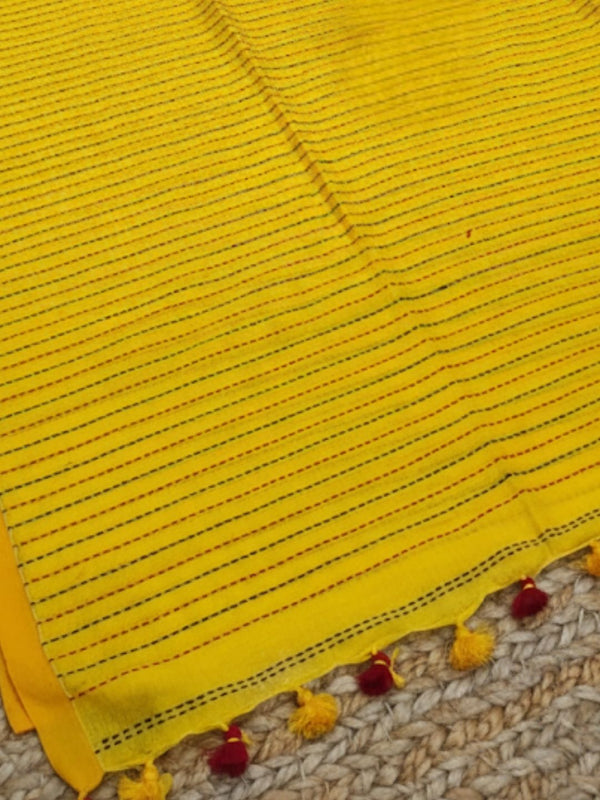 Indiehaat | Pure Cotton Embroidery Saree Yellow