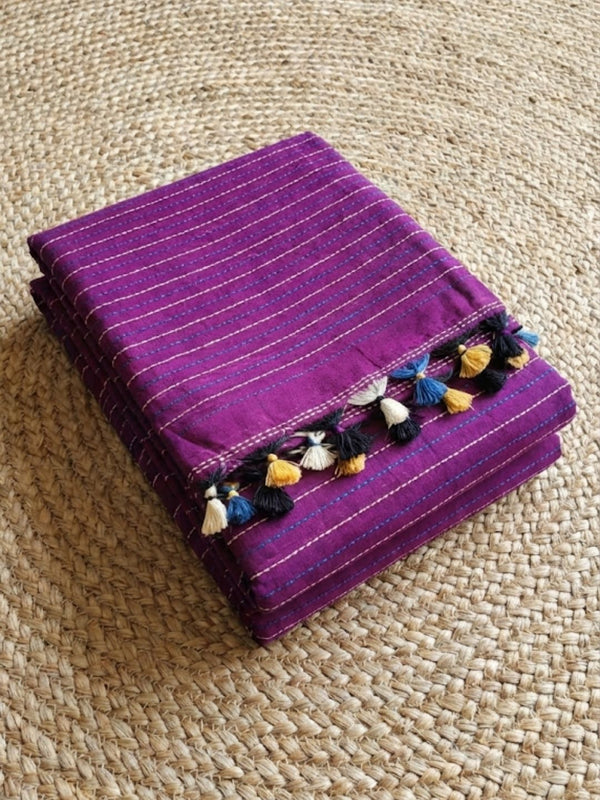 Indiehaat | Pure Cotton Embroidery Saree Purple