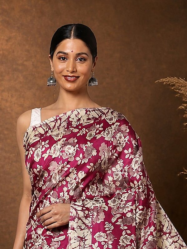 Indiehaat | Kashmiri Silk Printed Saree Magenta & Off-White