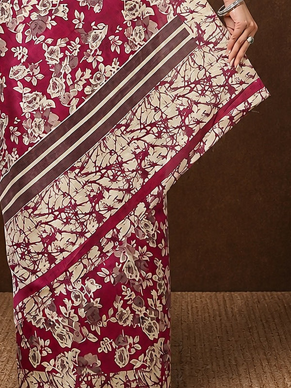 Indiehaat | Kashmiri Silk Printed Saree Magenta & Off-White