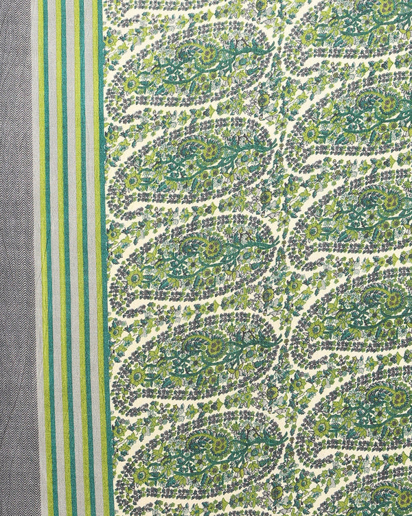 Indiehaat | Kashmiri Silk Printed Saree White & Green