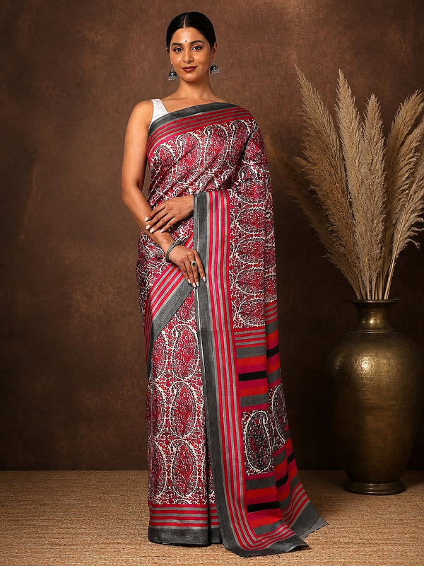 Red and white paisley printed saree with a bold multi-striped pallu, styled with a reference blouse.