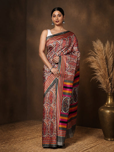 Indiehaat | Kashmiri Silk Printed Saree Red & Brown