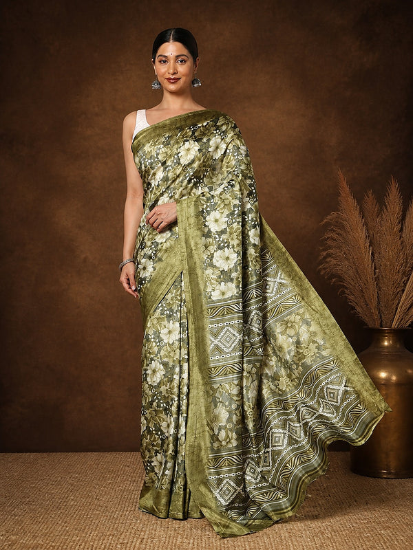 Olive green all-over floral printed Kashmiri Silk saree with a panelled geometric border in grey and black.