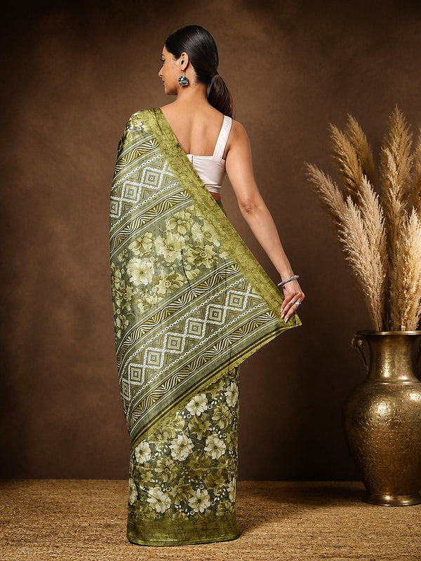 Indiehaat | Kashmiri Silk Printed Saree Olive Green & Dar