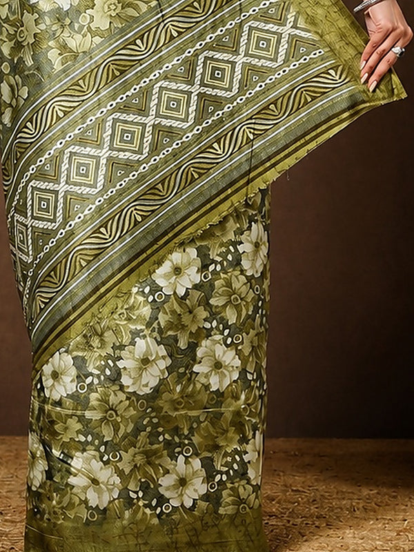 Indiehaat | Kashmiri Silk Printed Saree Olive Green & Dar