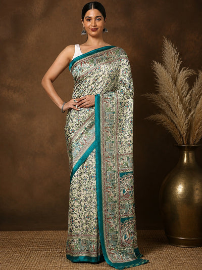 Off White and teal printed Kashmiri silk saree with a fine kalamkari-style figurative print of florals, elephants and peacocks, and a wide teal border of repeating elephants and birds.
