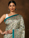 Indiehaat | Kashmiri Silk Printed Saree Off-White & Teal