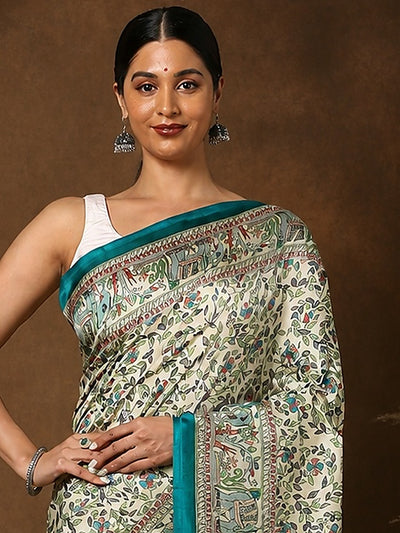Indiehaat | Kashmiri Silk Printed Saree Off-White & Teal
