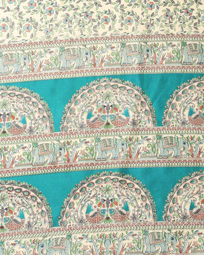 Indiehaat | Kashmiri Silk Printed Saree Off-White & Teal