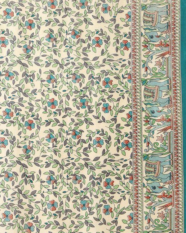 Indiehaat | Kashmiri Silk Printed Saree Off-White & Teal