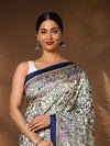 Indiehaat | Kashmiri Silk Printed Saree Cream & Navy Blue