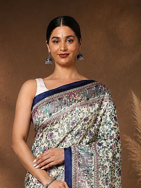 Indiehaat | Kashmiri Silk Printed Saree Cream & Navy Blue