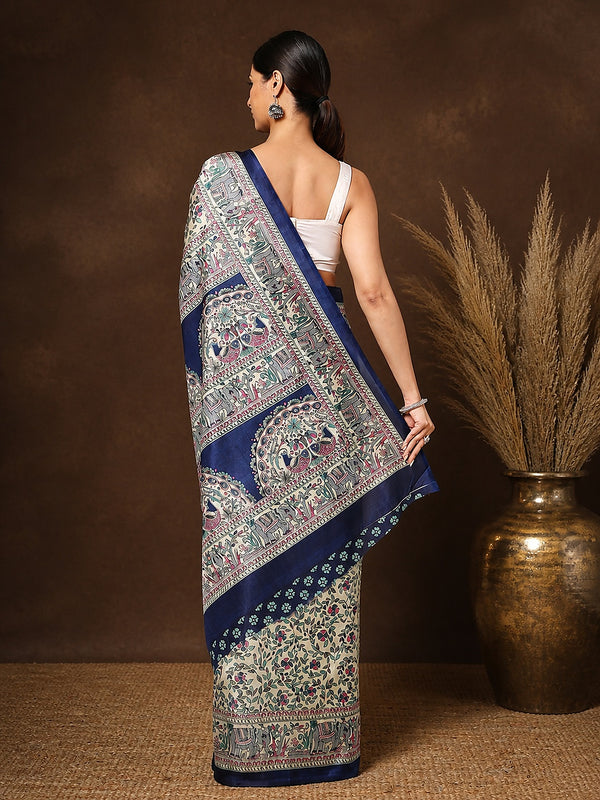 Indiehaat | Kashmiri Silk Printed Saree Cream & Navy Blue
