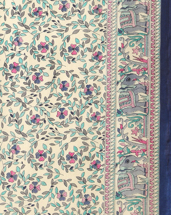 Indiehaat | Kashmiri Silk Printed Saree Cream & Navy Blue