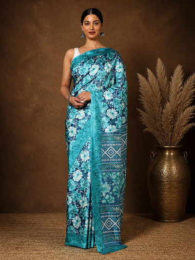 Indiehaat | Kashmiri Silk Printed Saree Teal & Turquoise
