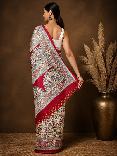 Indiehaat | Kashmiri Silk Printed Saree Off-White & Deep Red