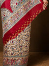 Indiehaat | Kashmiri Silk Printed Saree Off-White & Deep Red