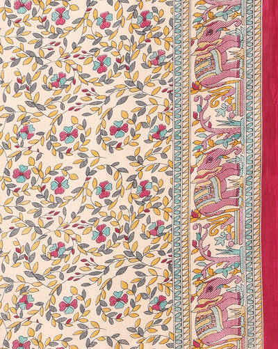 Indiehaat | Kashmiri Silk Printed Saree Off-White & Deep Red