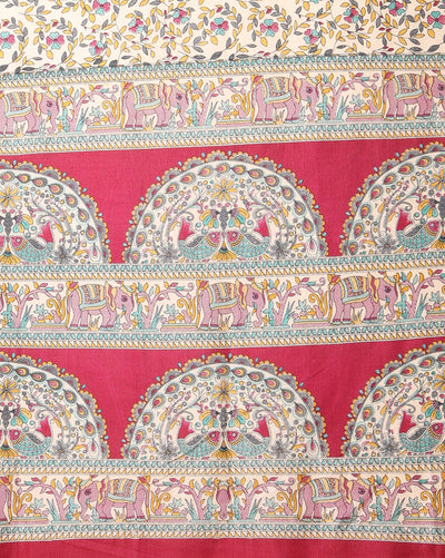 Indiehaat | Kashmiri Silk Printed Saree Off-White & Deep Red
