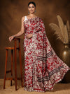 Deep red and cream floral printed Kashmiri Silk saree with a dark brown horizontally striped pallu.