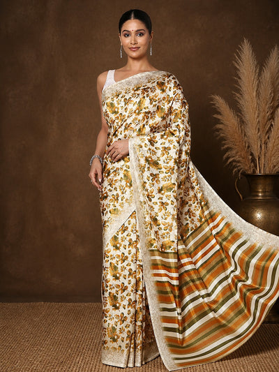 White Kashmiri Silk printed saree with an all-over olive and mustard leaf print and a wide striped end-panel of olive-green, mustard-yellow, brown and white, with a narrow textured border.
