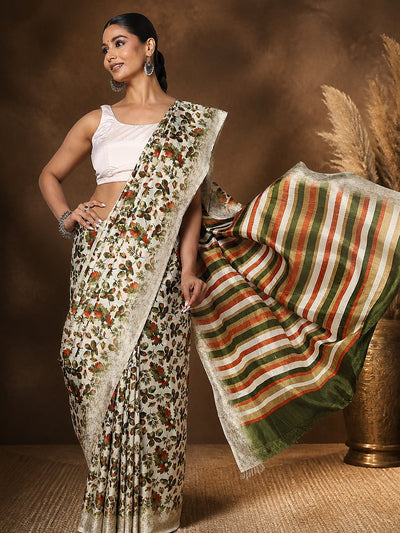 White, green and orange floral printed Kashmiri Silk saree with an olive, burnt orange and cream striped pallu.