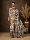 Taupe, brown and white floral printed Kashmiri Silk saree with a panelled geometric diamond pallu.
