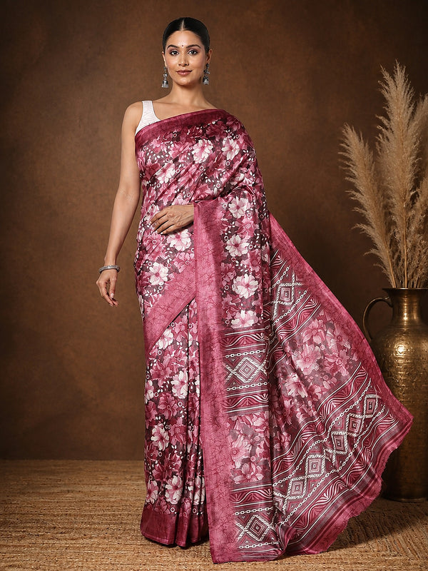 Maroon and deep pink floral printed Kashmiri Silk saree with a white geometric diamond border and wide pallu.