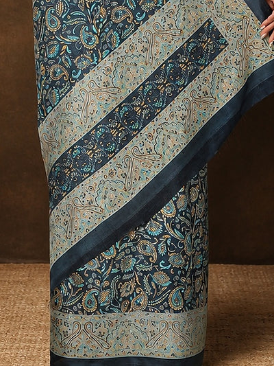 Indiehaat | Kashmiri Silk Printed Saree Dark Grey & Teal 