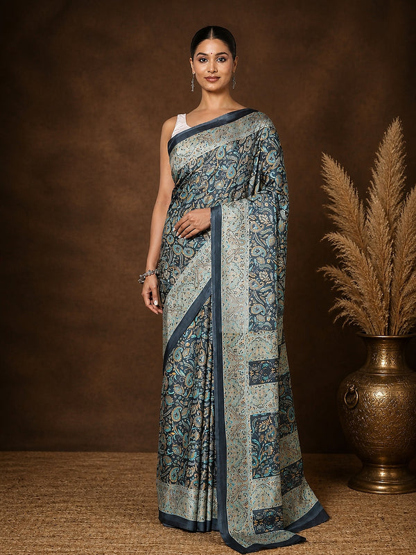 Indiehaat | Kashmiri Silk Printed Saree Dark Grey & Teal 