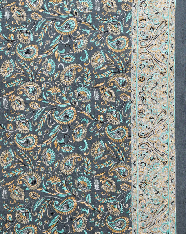 Indiehaat | Kashmiri Silk Printed Saree Dark Grey & Teal 